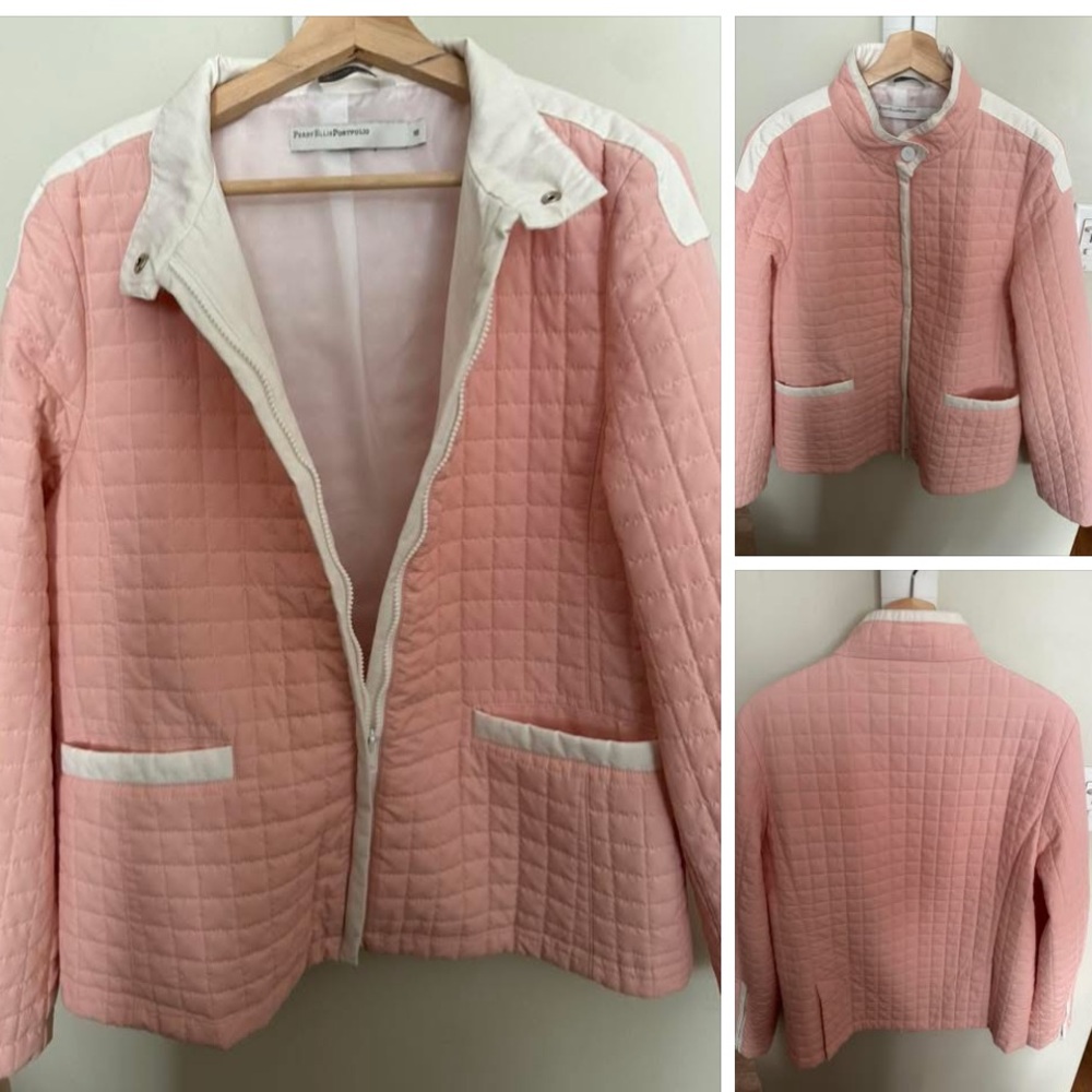 3/$25 sz 16 Perry Ellis Portfolio Pink Quilted Jacket with White Trim -